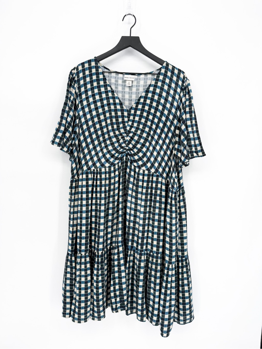 Ava & Viv Plaid Tiered Mini Dress Flutter Sleeves Green Blue 1X